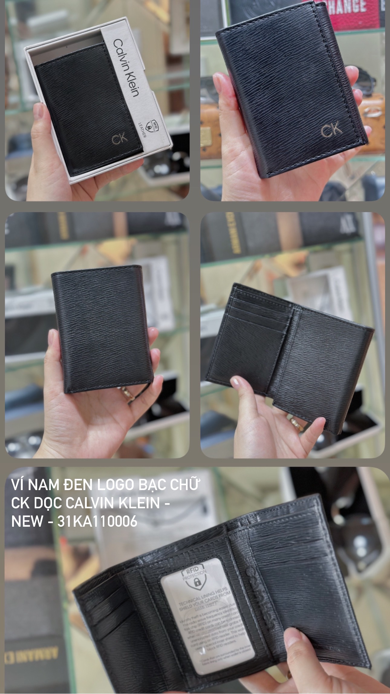 Ví Nam Đen Logo Bạc Chữ CK Dọc #CalvinKlein - New - 31KA110006